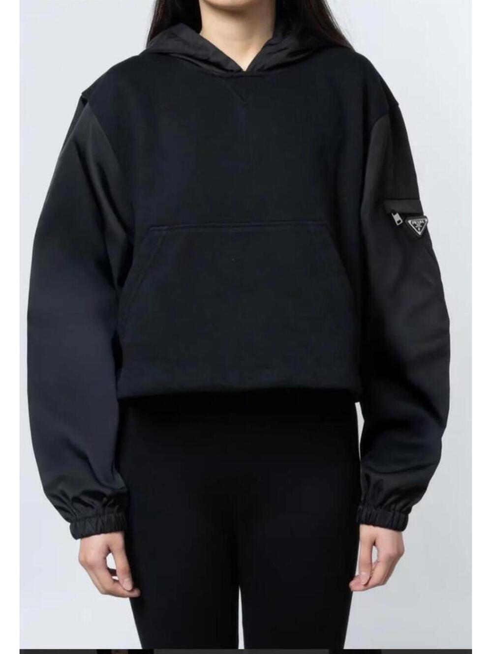 Prada Black Cropped Cotton & ReNylon Hoodie with Nylon Sleeves, logo triangle L